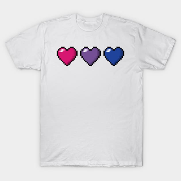 Row of Three Bisexual Pride Flag Pixel Hearts T-Shirt by LiveLoudGraphics